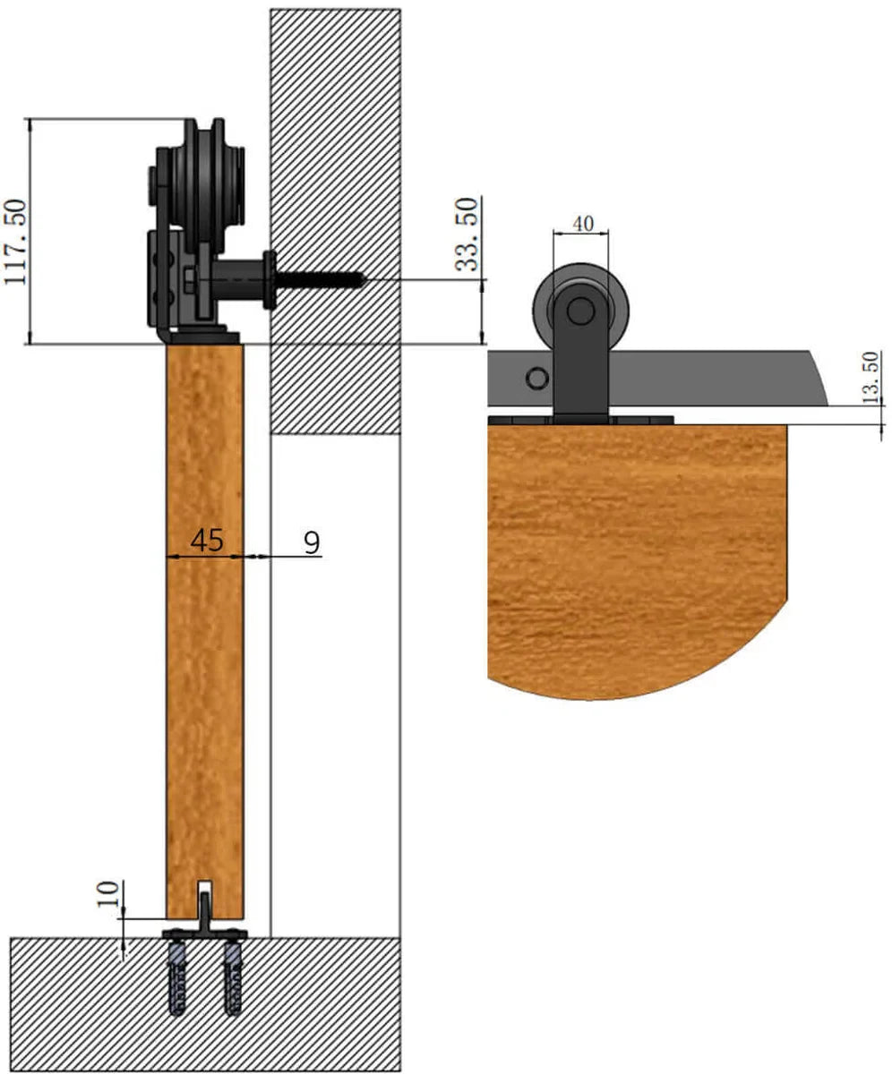 Sliding Door System Top Mounted - Complete set - 200 cm (2 x 100 cm) rail - Black