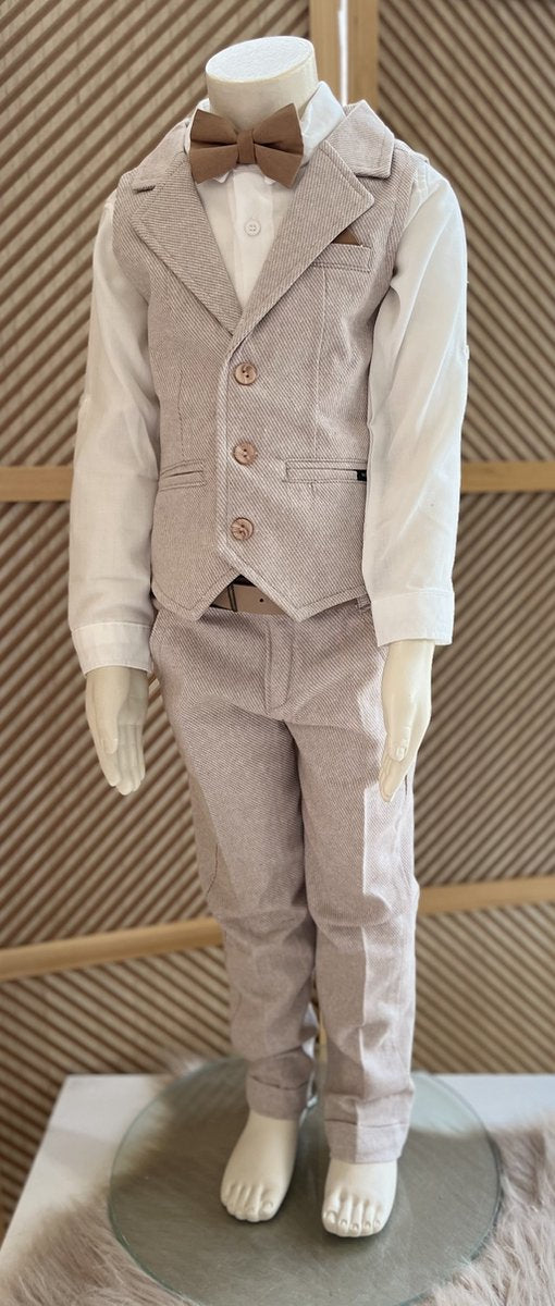 luxury boys suit-children's suit-children's costume-3 piece set -cream white shirt, beige waistcoat and trousers, camel bow tie-groomsmen-wedding-party-birthday-photoshoot- 5 years