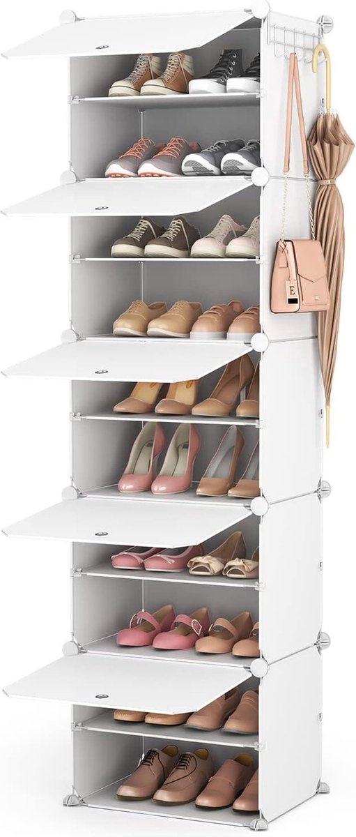 Schoenenkast met spiegel Hoge schoenenrek-organizer 10 lagen 20 paar - smal draagbaar voor kleine ruimtes - slaapkamerkast met haken Schoenenkast met spiegel