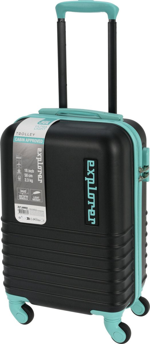 Cabin handbagage reistrolley koffer - zwenkwielen - 34 x 22 x 52 cm - 30 liter - zwart/mint - cijferslot