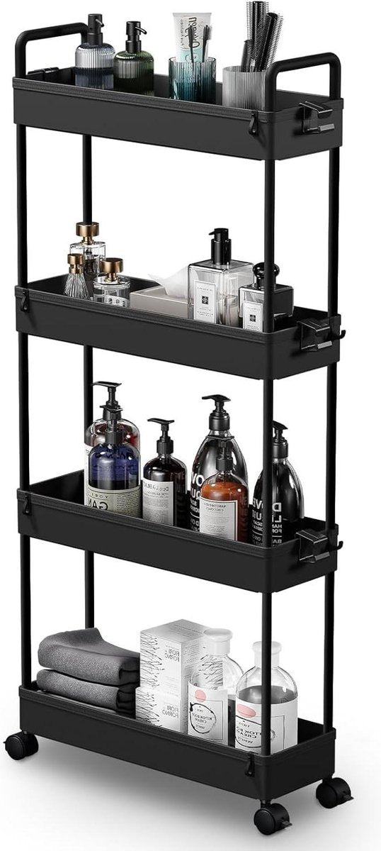 4-Tier uitschuifbare opbergtrolley - rolbare boodschappentrolley - mobiele opbergrekken - keuken badkamer wasruimte slaapkamer - smalle ruimtes - zwart
