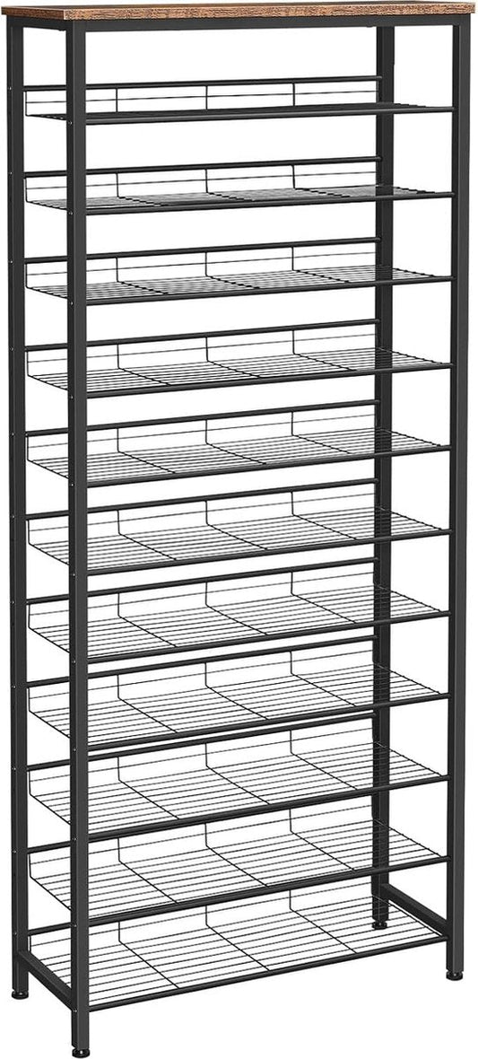 Large shoe rack, 12 tiers, tall shoe cabinet, for 35-45 pairs of shoes, with slanted mesh shelves, metal frame, for hallway, cloakroom, entrance, dark brown black