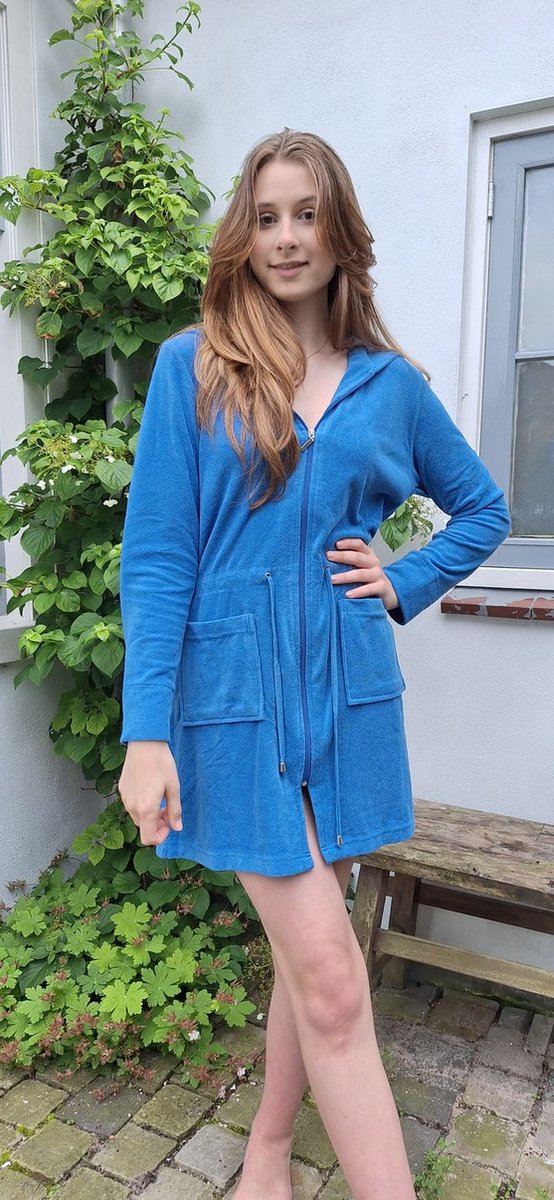 Ritssluiting badjas dames kort – met capuchon – lichtgewicht – dun – sauna - blauw - maat L