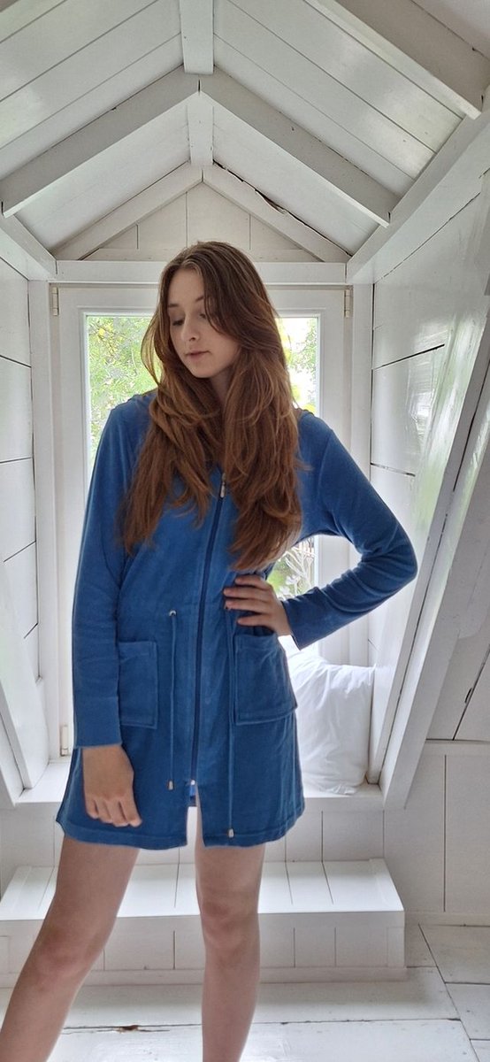 Ritssluiting badjas dames kort – met capuchon – lichtgewicht – dun – sauna - blauw - maat L