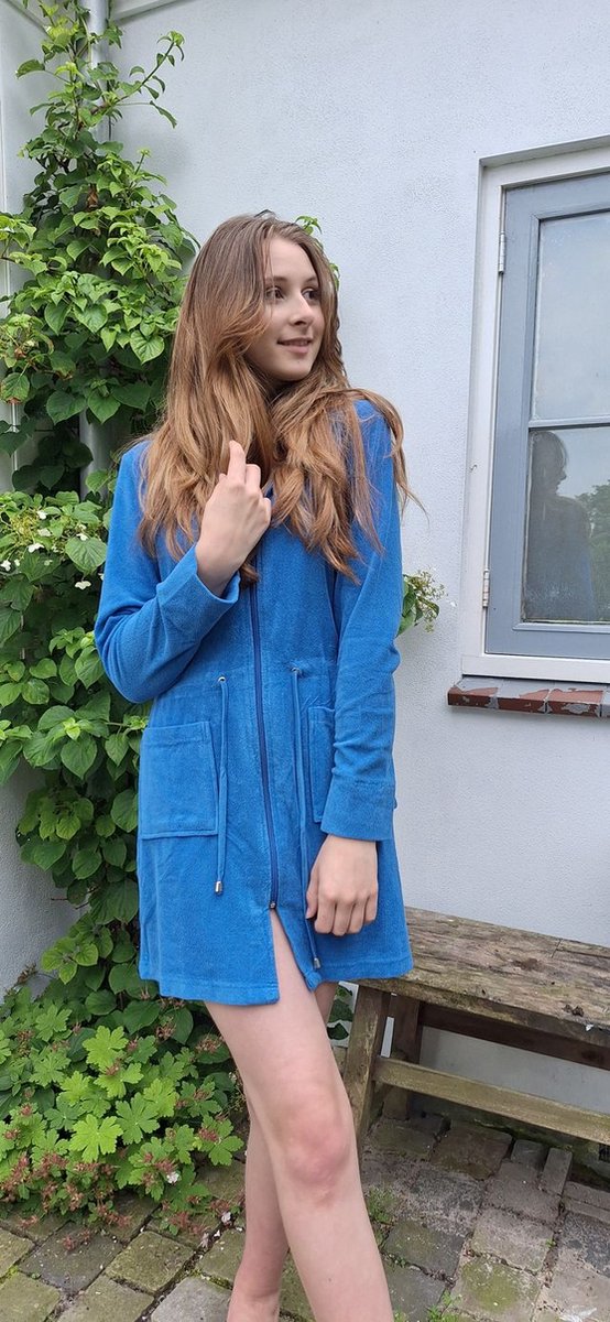 Ritssluiting badjas dames kort – met capuchon – lichtgewicht – dun – sauna - blauw - maat L