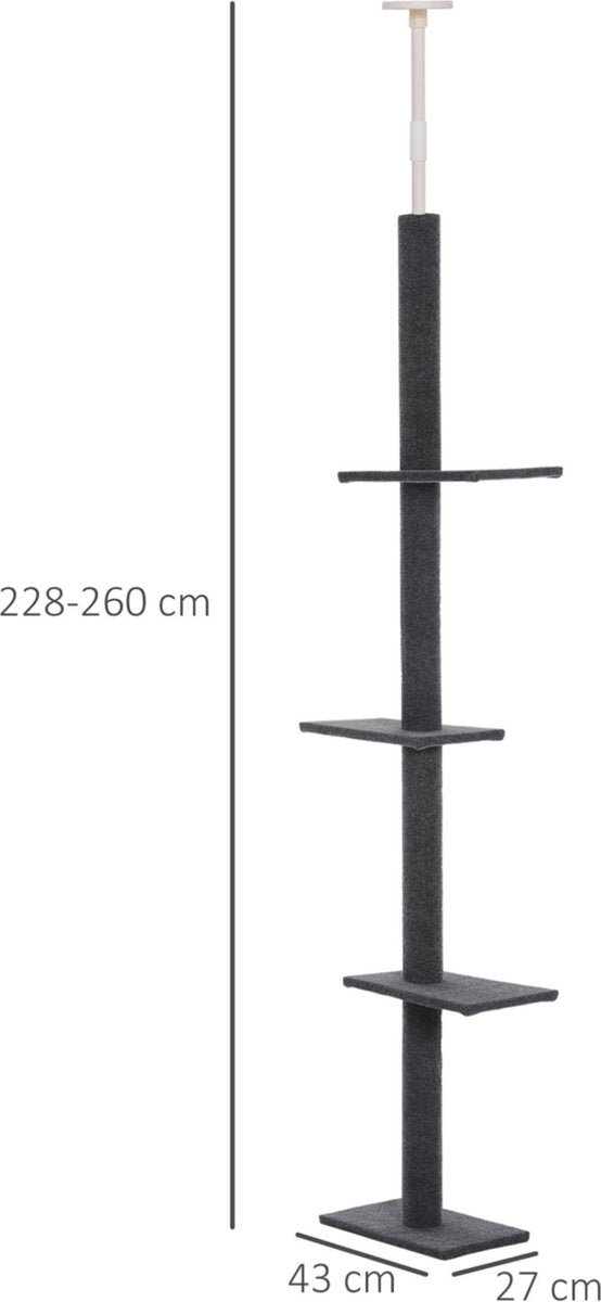 Adjustable Height Cat Tree - Cat Scratcher - Cat Tree for Cats - Cat Toys - Cats - Grey - 43L x 27W x 228-260H cm