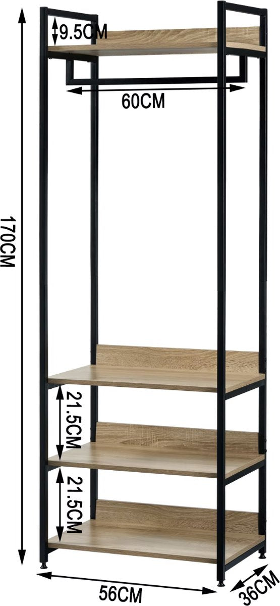 J&R Kapstok - Garderobe - Garderoberek - Kast - Kapstok staand - Kapstok met schoenenrek - Kledingrek - Eikenhout - Zwart metaal - 56x36x170