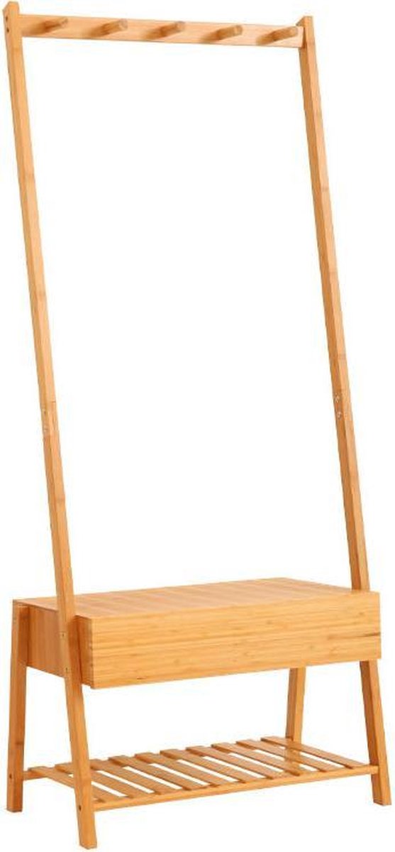 Stevig staand bamboe garderoberek - Voorzien van kapstok, lade & legplank voor schoenen - kledingrek - bamboe houten kledingrek - staand garderoberek - kleding rek met schoenenrek - Decopatent®