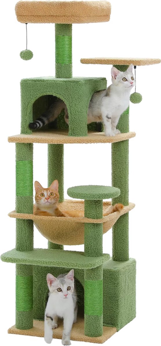 Luxe kattenboom - krabpaal voor katten - kattenhuis - kattenmeubel - kattentoren - groen - 40x44x136cm
