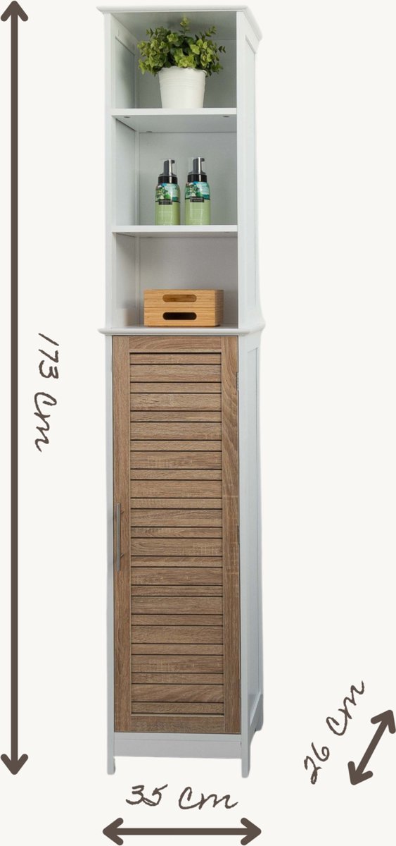 Miami - Badkamerkast - Hoge badkamerkasten - Kolomkast badkamer - Badkamermeubel - Wit/Eiken - 173 x 26 x 35 cm