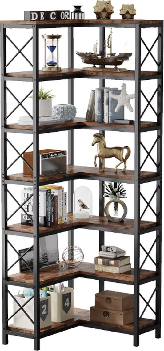 J&R Hoekboekenkast - Plankenkast - Open Kast - Hout - 7 Lagen - Industrieel - Zwart metaal - Donker hout - 200x60x60