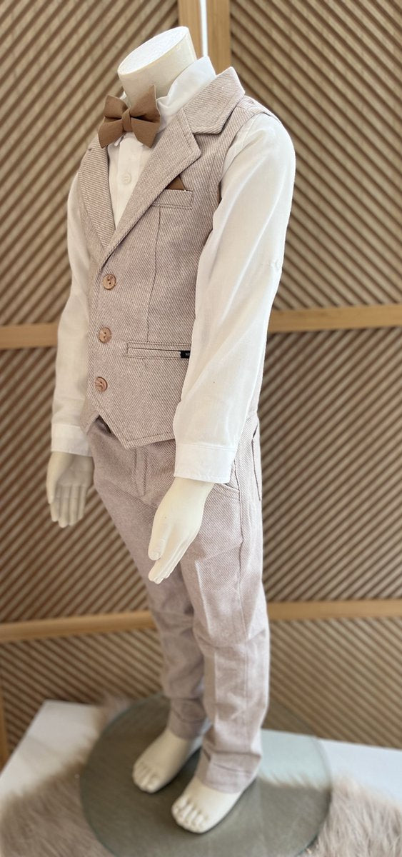 luxury boys suit-children's suit-children's costume-3 piece set -cream white shirt, beige waistcoat and trousers, camel bow tie-groomsmen-wedding-party-birthday-photoshoot- 5 years