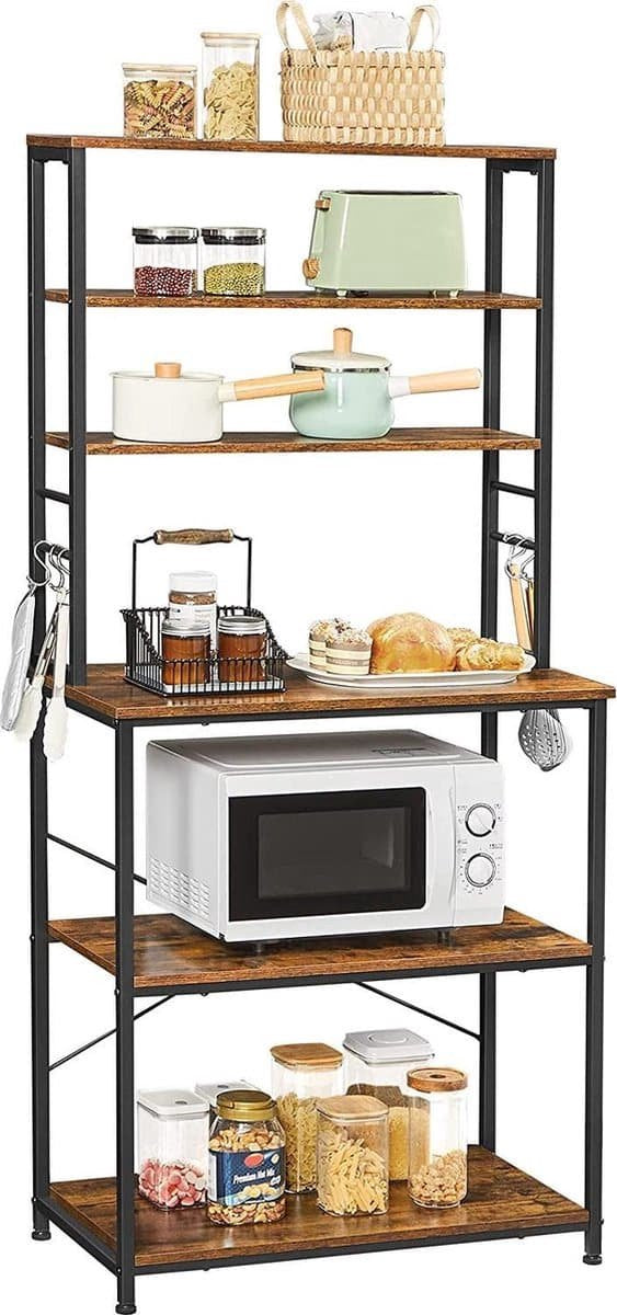 Segenn's Irish2 keukenkast - Keukenrek - Met 6 haken en metalen frame - Industrieel - Vintage Bruin-Zwart 80 x 40 x 167 cm