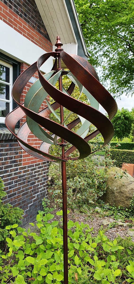 WINDMOLEN / GROEN BRONS KLEUR / TUINSTEKER /METAAL / TUINSTEKER / GEPEDERCOAT / WINDSPINNER/