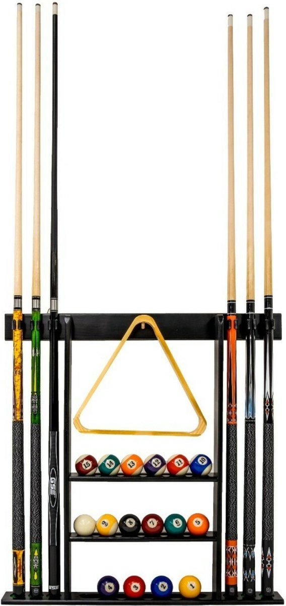 Pegasi Wand Keu houder - Zwart - Geschikt voor 6 keuen, poolballen en krijt - Keu houder wand - Excl. Biljart accessoires