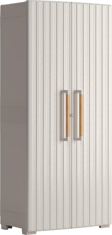 Keter Groove kast voor buiten deuren met houtlook - Beige/Zand, 80 x 45 x 180 cm
