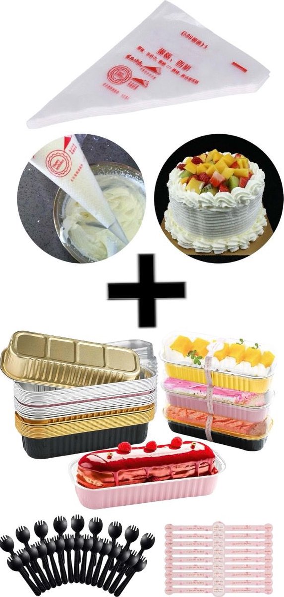 Mini broodcakevormpjes 30 stuks mini-broodblikken met deksels en lepels, 200 ml mini-cakevormpjes rechthoekige aluminiumfolie bakpannen + Cake Spuitzakken, Wegwerp Plastic Cake Spuitzakken 100 Stuks (S)