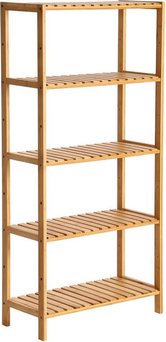 Bamboo Wooden Storage Rack - As an open bathroom rack, shoe rack or kitchen rack - Storage cabinet with 5 adjustable levels / shelves - Rack for bathroom, kitchen and hall - 60 cm wide - Decopatent®