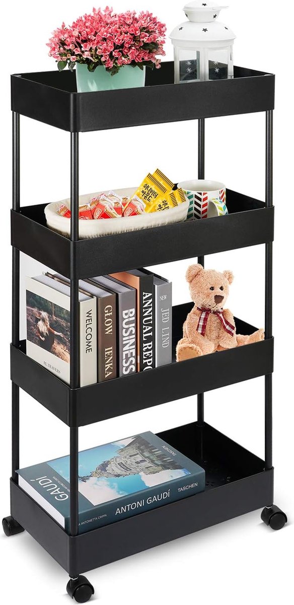 4-laags rolwagen, opbergwagen voor de keuken, hobbywagen, multifunctionele trolley met wielen, serveerwagen, serveerrek, opbergmand, opbergmand voor badkamer, keuken, cosmetica, kantoor