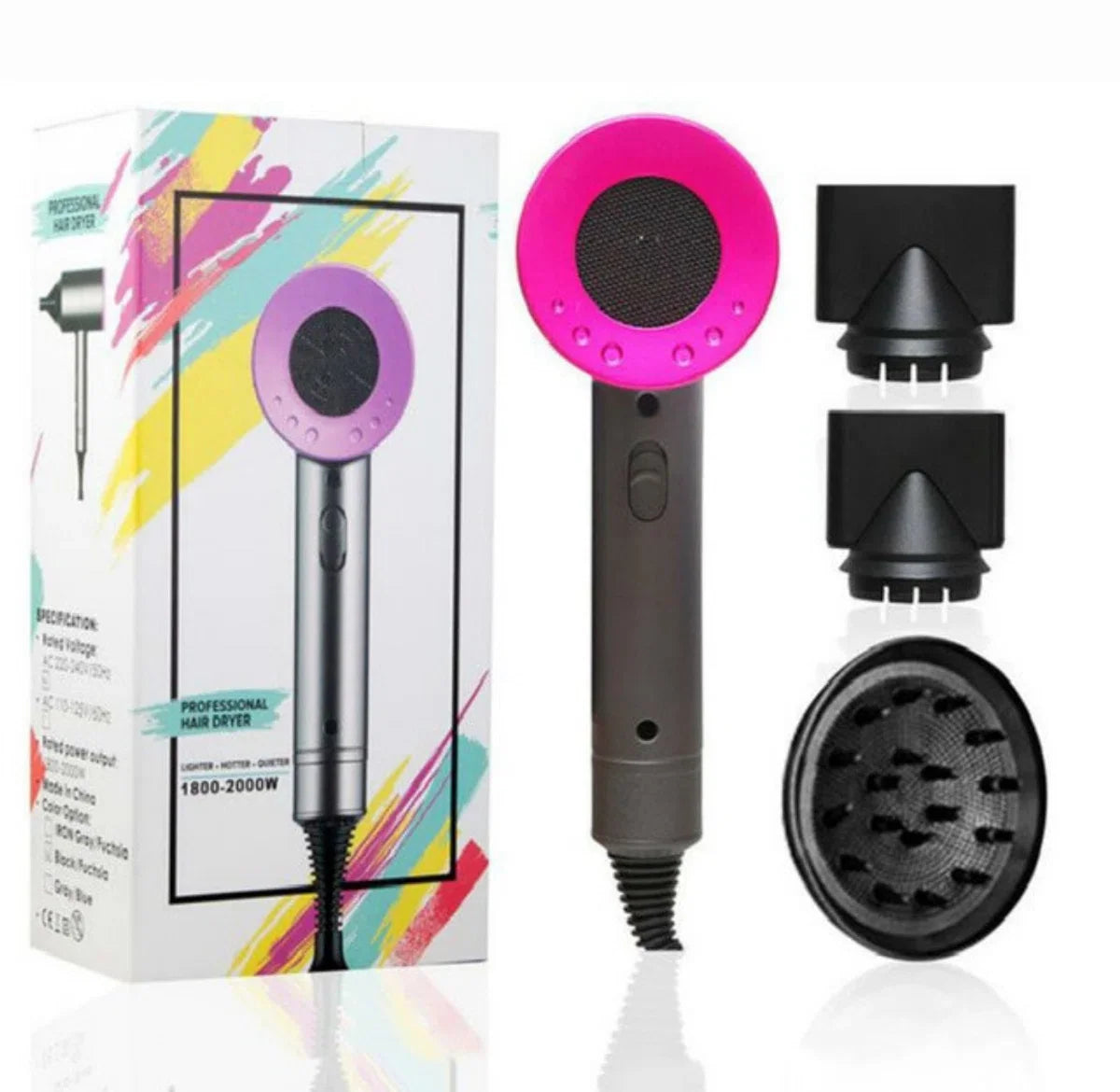 Bolture Föhn met Diffuser voor Krullen - Hair Dryer - Haarfohn - Reisfohn - Kappersfohn - Haardroger - Ionisch - 3 Standen - 2000W