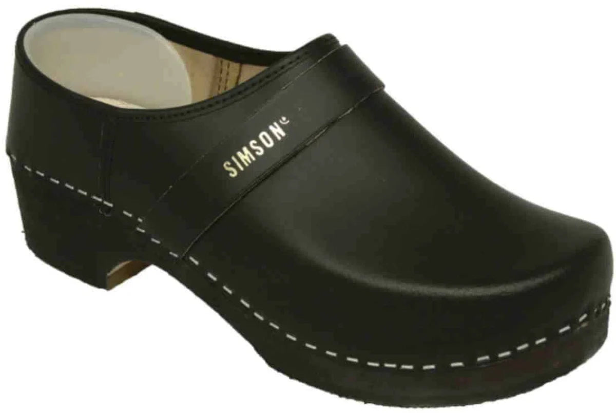 Leren Zweedse klomp | merk Simson | houten zool | dichte hiel | antislip rubberzool