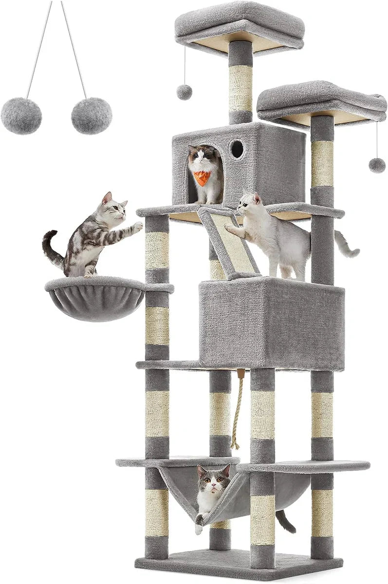 Scratching post, 206cm high scratching post with 13 scratching posts, 1 scratching ramp, 2 platforms, 2 caves, basket, hammock, pompoms, multi-level cat scratching post for large cats, Light Grey