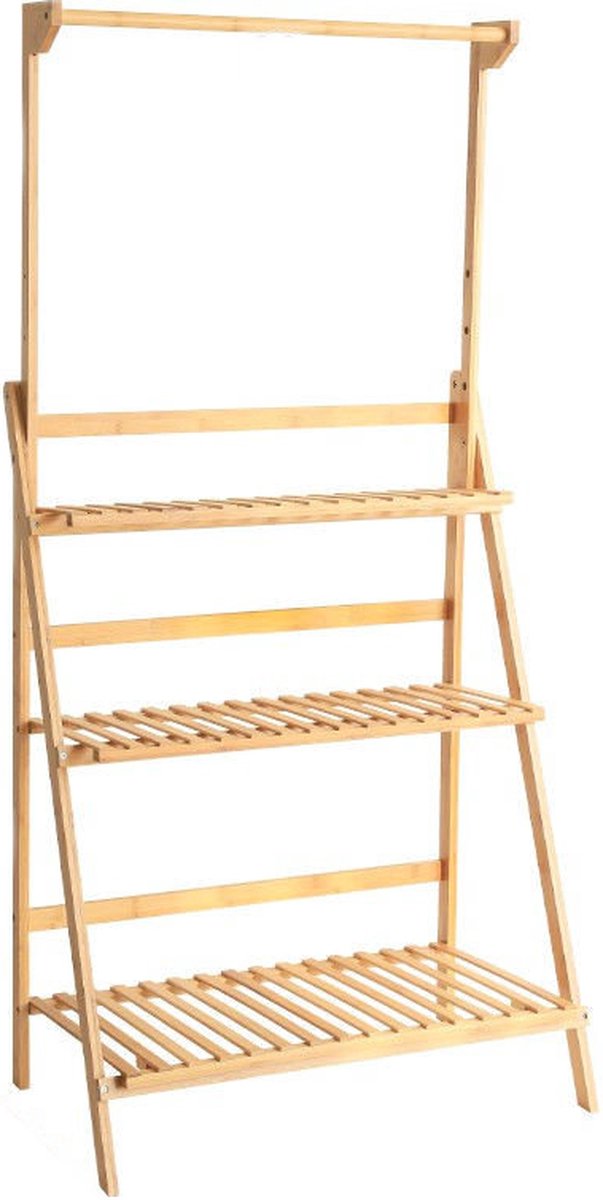 Decopatent® Plantenrek met 3 etages + Stang voor Hangplanten - Bamboehout staand binnen Plantentrap - Bloemenrek - Plantenetagere