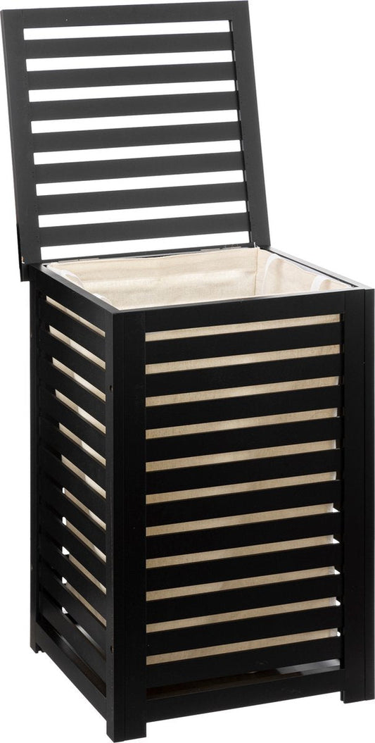 Zwarte bamboe wasmand 75 Ltr met deksel en waszak 40x38x58 cm - Zwart