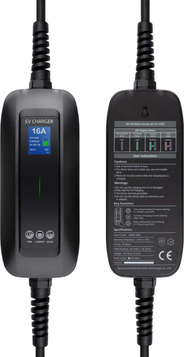 Besen Mobiele Lader LCD Zwart Type 2 naar Schuko - Uitgestelde lading en geheugenfunctie - 5 meter