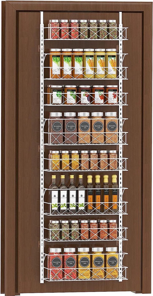 Over-the-door organizer, metalen rek voor aan de deur, hangrek met 8 verstelbare manden en 2 haken, ophangopslag voor huishoudelijke artikelen voor badkamer, keuken, eetkamer, kantoor, wit (8 lagen)
