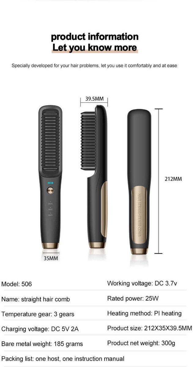 Wireless Straightening Brush - Heated Brush - Straighten Hair - Brush - Wireless - Hair Care - Hot Air Brush - Rechargeable - Hand Brush - 160-180-200 Degrees - Women