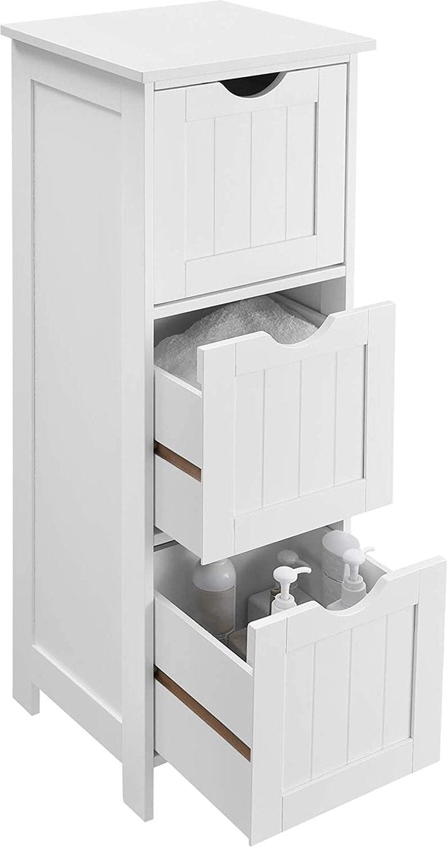 Badkamermeubel, opbergkast, smal badkamermeubel met 3 lades, 32 x 30 x 81 cm, badkamer, woonkamer, slaapkamer, keuken, Scandinavische stijl, mat wit BBC50WT
