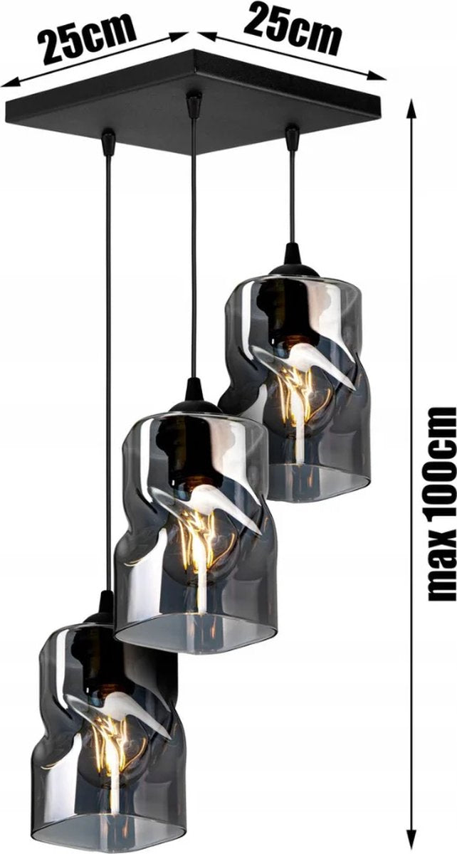 Plafondlamp Industrieel Smoke / Zwart - 3-lichts - Vierkante montageplaat - Glas - Hanglampen Eetkamer, Slaapkamer, Woonkamer 'TwistLux'