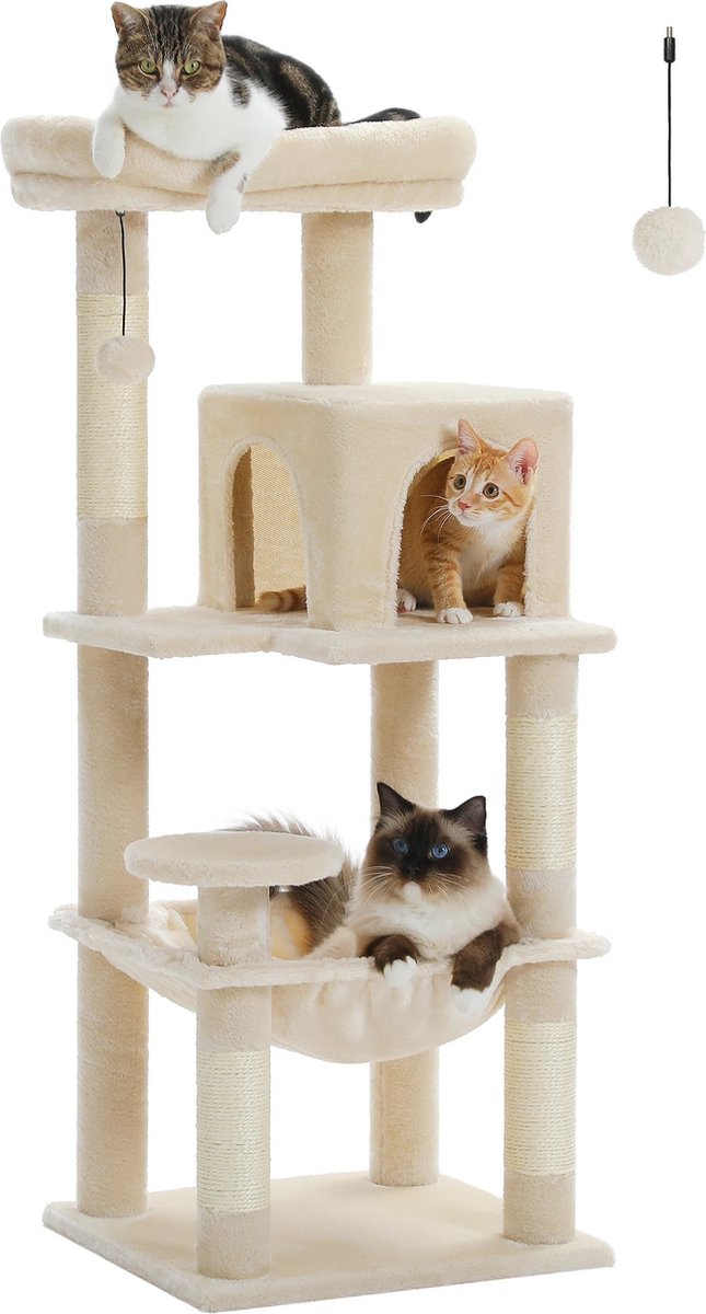 Luxe Krabpaal 116 cm hoog - middelgrote katten klimboom - Met 4 ligvlakken en holten - Met Hangmat - Comfortabel - zacht en stabiel - Crème