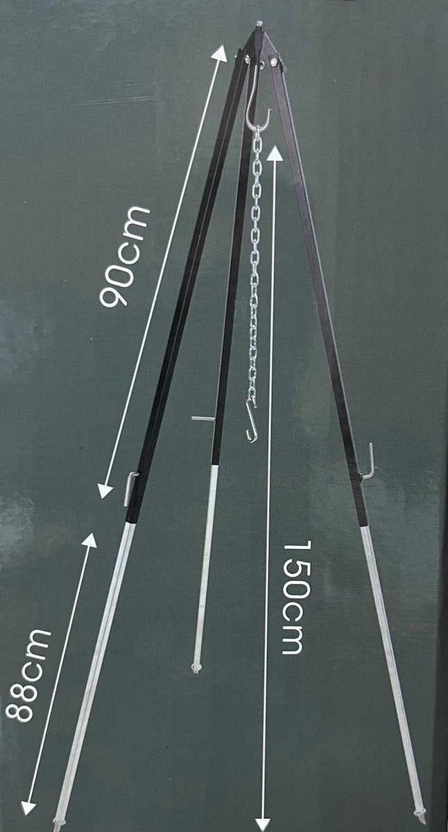 Tripodstandaard voor Dutch Oven - 150 cm H - incl. ketting en haak voor bevestiging van de Dutch oven