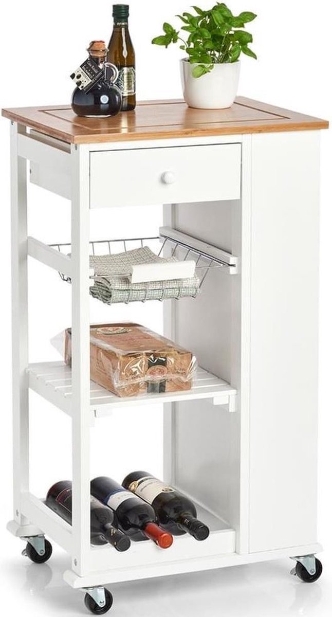 Keukentrolley/kastje met uitschuifbare mandjes, wijnrek en plankjes aan de zijkant 50 x 86 cm - Woondecoratie - Keukenaccessoires/benodigdheden - Bijzetkastjes - Trolleys