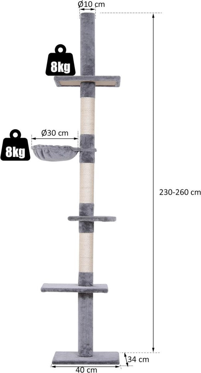 Krabpaal - In hoogte verstelbaar - Krabpaal voor Katten - Krabpaal - Kattenspeeltjes - Katten - Grijs - 40x30x (230–260) cm