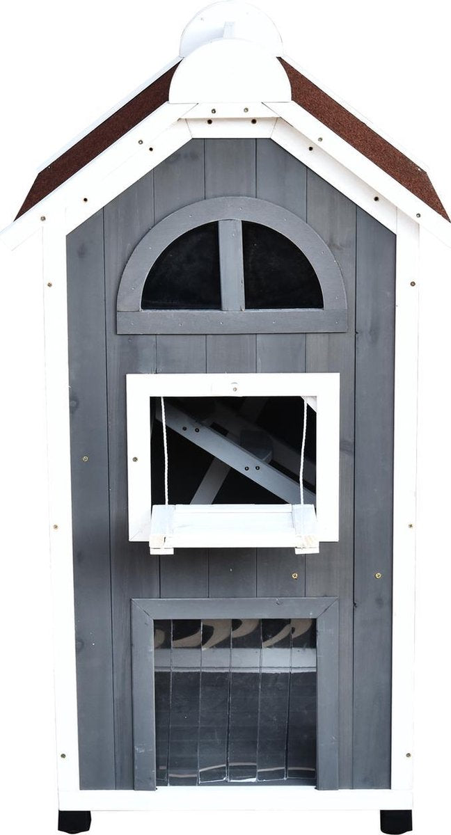 Cat villa with stairs and balcony - Cat house - Cat kennel - 2 floors - 59 x 55 x 109 cm - Wood - Grey