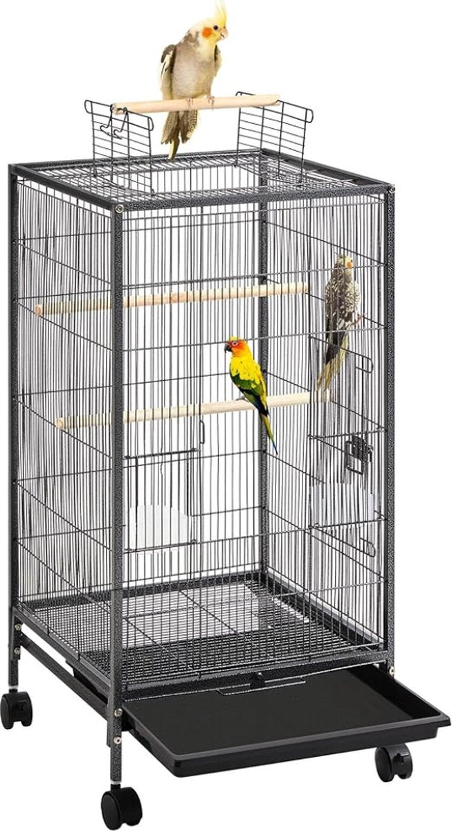 Papegaaienkooi – 3-IN-1 - Parkietenkooi Op Voet & Wieltjes – Grote Vogelkooi Voor Binnen – Vogelkooien – Vogel Speelgoed - Volière – 45x45x100 Cm - Zwart