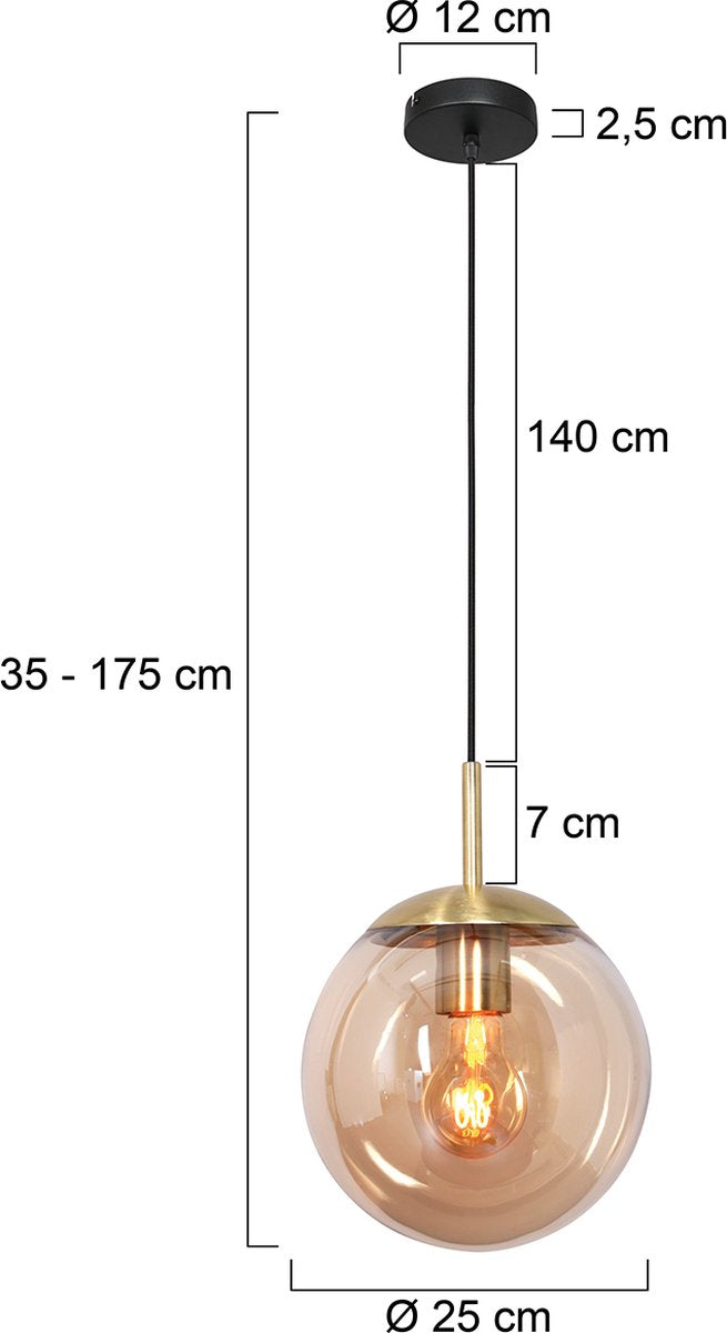 Pendant lamp glass sphere | 1 light | amber / gold / black | glass / metal | Ø 25 cm | height adjustable up to 170 cm | dining room / dining table lamp | modern / atmospheric design