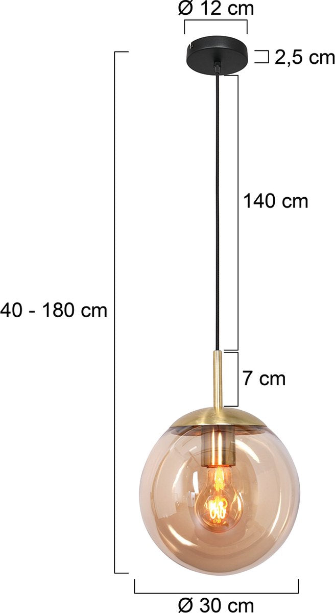 Hanging lamp glass sphere | 1 light | amber / gold / black | glass / metal | Ø 30 cm | height adjustable up to 170 cm | dining room / dining table lamp | modern / atmospheric design