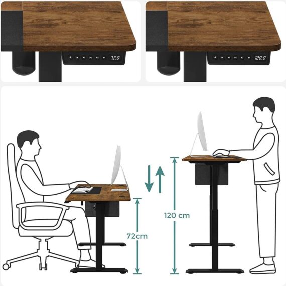 Elektrisch Zit-Sta Bureau – In Hoogte Verstelbare Tafel – Met Geheugenstanden – Werkbureau Met Opbergvakken – Vintage Bruin
