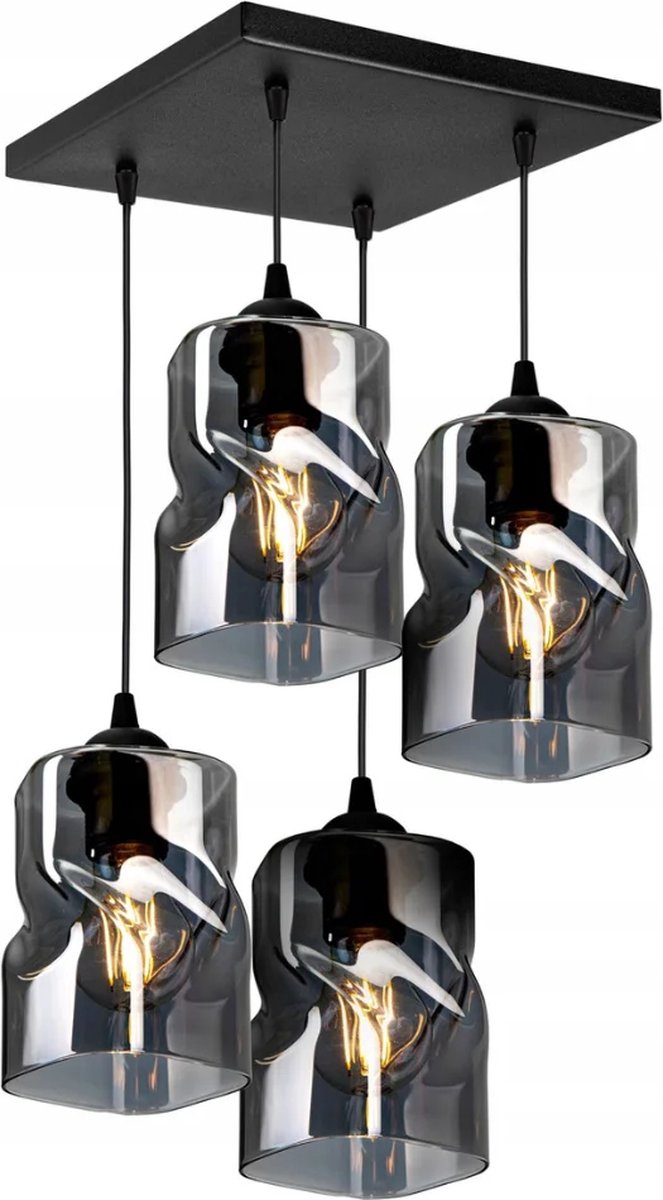 Plafondlamp Industrieel Rookglas / Zwart - 4-lichts - Vierkante montageplaat - Glas - Hanglamp Eetkamer, Slaapkamer, Woonkamer 'TwistLux'