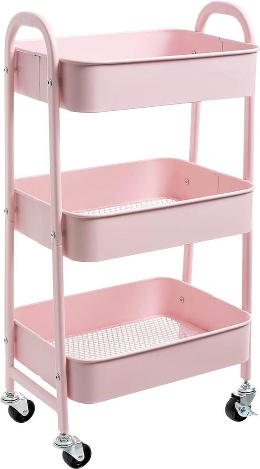 Storage Cart 3-Tier Metal Utility Cart Rolling Cart, Organizer Trolley with Wheels for Kitchen, Makeup, Bathroom, Office, Pink