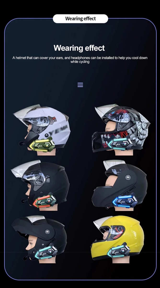 Motorhelm Headset - Headset Met Microfoon - Oortjes - Draadloos - Waterdichte Oortelefoon - IPX6 Helm Headset - 5.3 Bluetooth Communicatie - 72 Uur Lange Werking - 16 Kleuren RGB Verlichting - Zwart