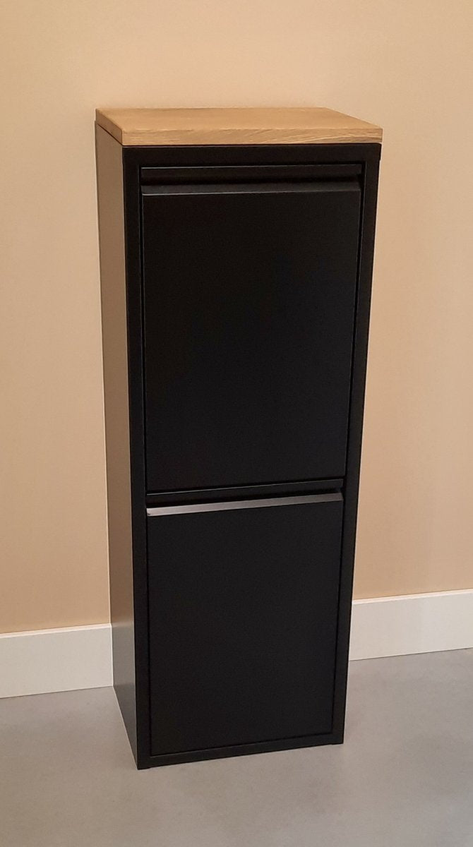 Design afvalbak - afvalscheiding met 3 binnenemmers 33 liter totaal - afgewerkt met eiken paneel. Zwart