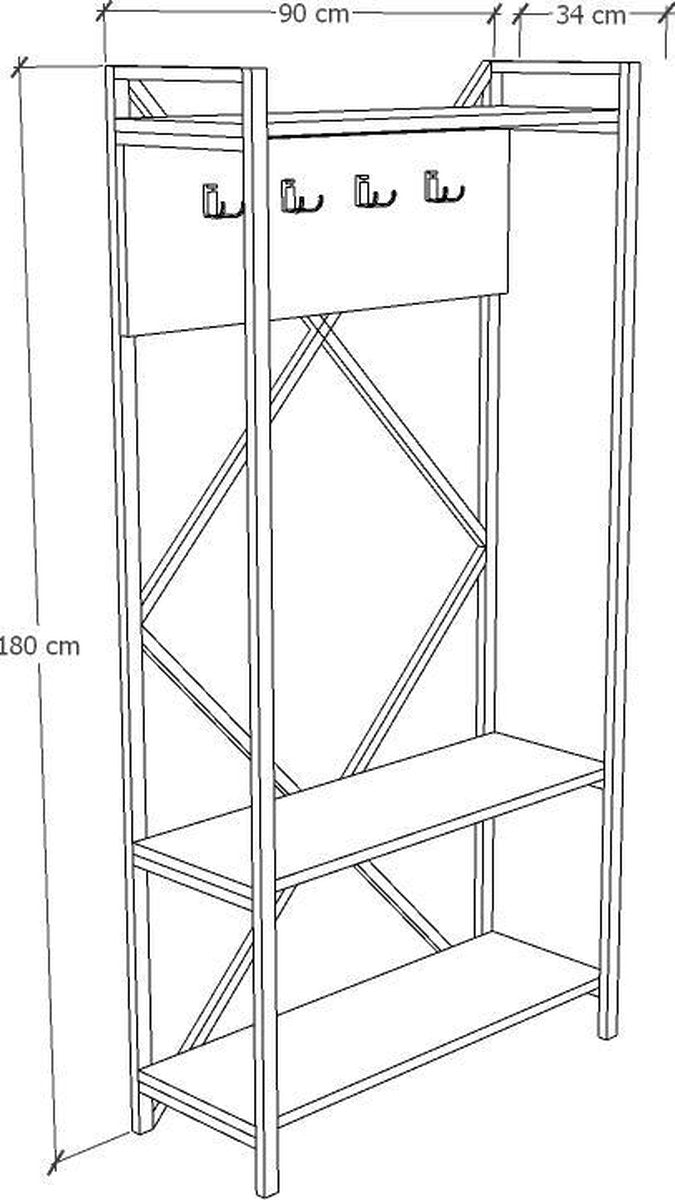 Multifunctioneel Garderoberek - Kapstok - Schoenenkast - Industrieel Hout en Metaal 180x90x34 - Houtlook en Staal - Schoenrek en Kapstok -