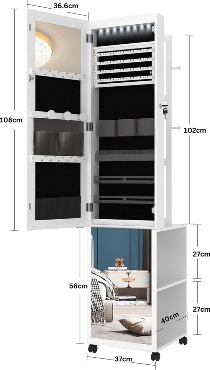 Jewellery Cabinet with Mirror - Mirror Cabinet - Jewellery Armoire - Full-Length Mirror - Make-up Cabinet on Wheels - Bedroom & Bathroom - 117x44x20 cm - Standing - White
