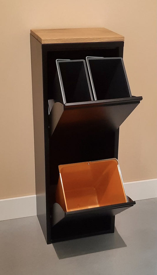 Design afvalbak - afvalscheiding met 3 binnenemmers 33 liter totaal - afgewerkt met eiken paneel. Zwart