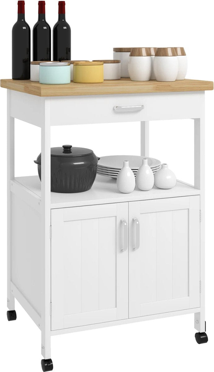 Kitchen trolley - With wheels - Side table - Serving trolley - Trolley for Kitchen - Spice rack - Storage rack - White - Oak